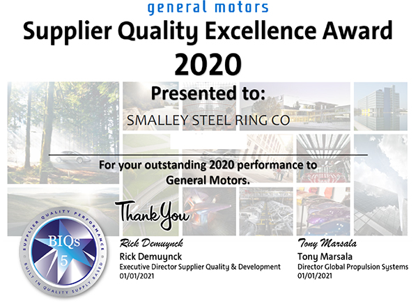 Smalley Wins GM Supplier Quality Excellence Award for 9th Consecutive Year